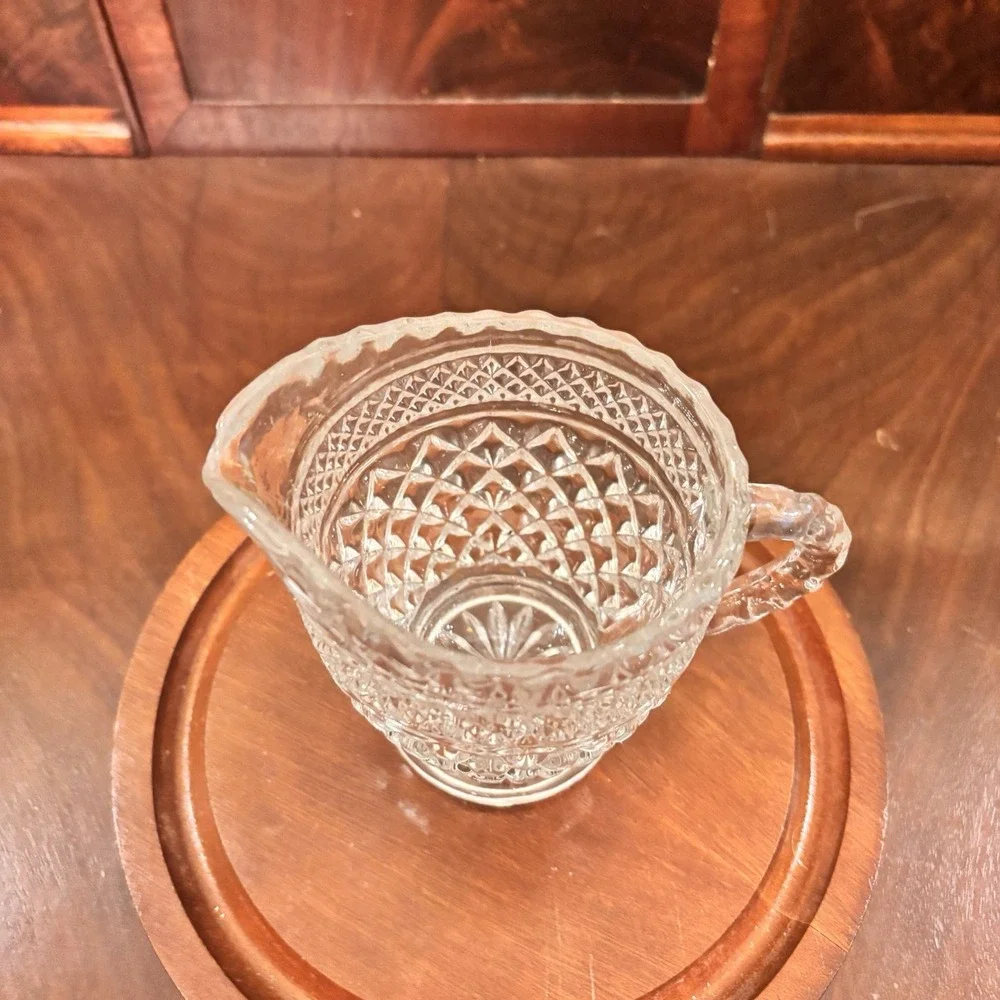 Vintage Clear Pressed Glass Creamer Diamond Pattern Footed Pitcher Scalloped Rim